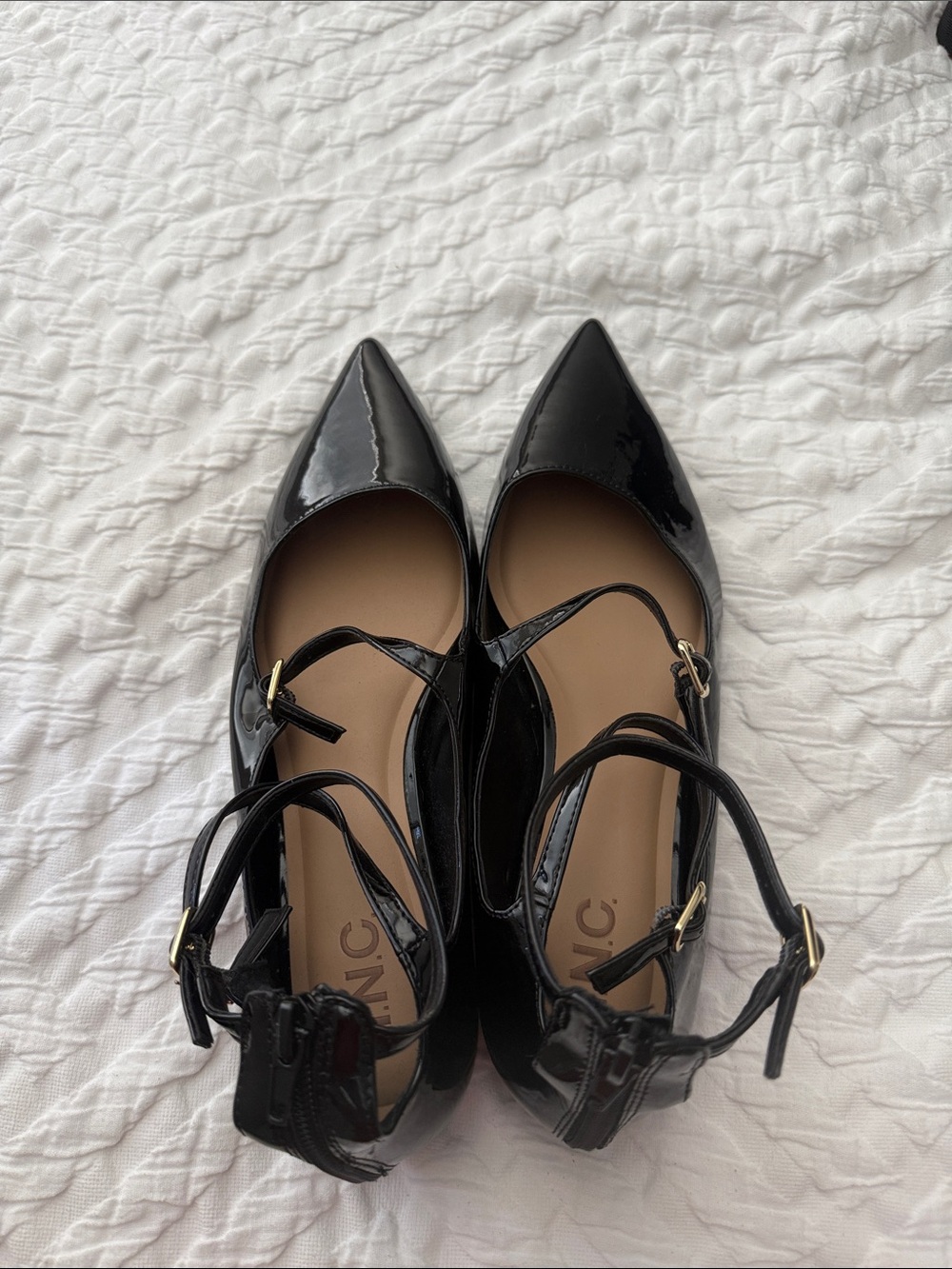 INC International Concepts Black Patent Pointed-Toe Ankle-Strap Flats